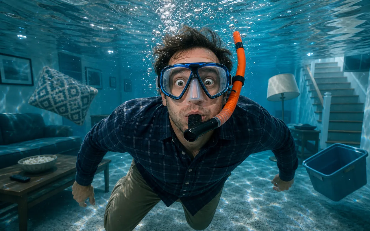 Person snorkeling in a flooded basement to highlight emergency water damage cleanup