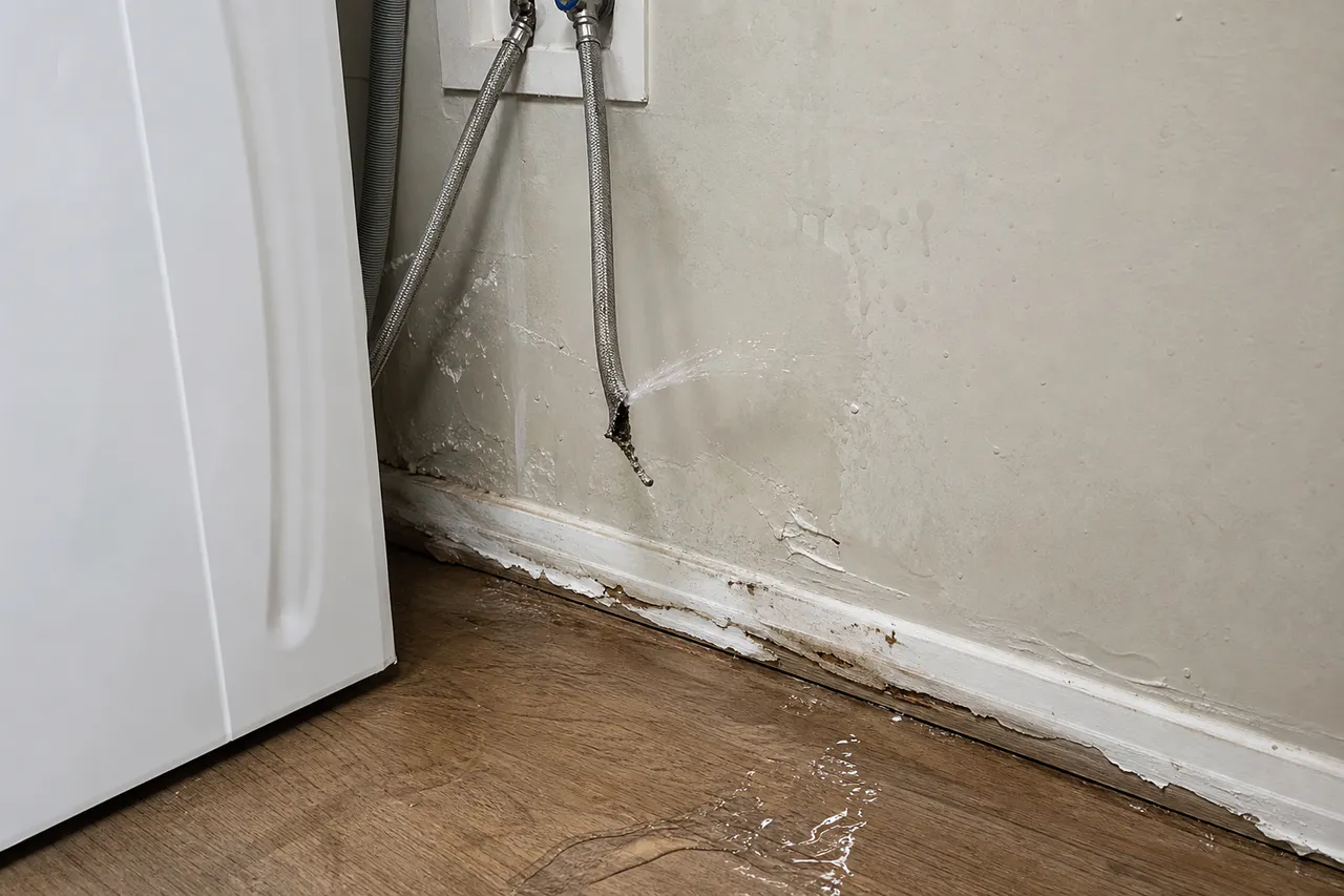 Failed washing-machine supply hose spraying water